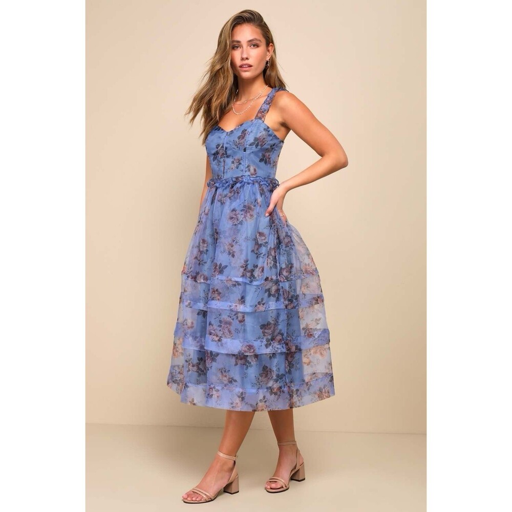Lulus Sincerely Enchanting Periwinkle Floral Print Organza Midi Dress Prom